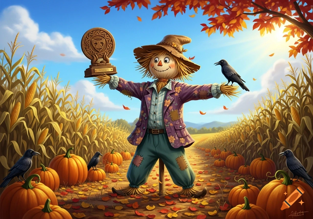 A friendly scarecrow holds a golden award in an autumn cornfield surrounded by pumpkins, corn stalks, and crows.