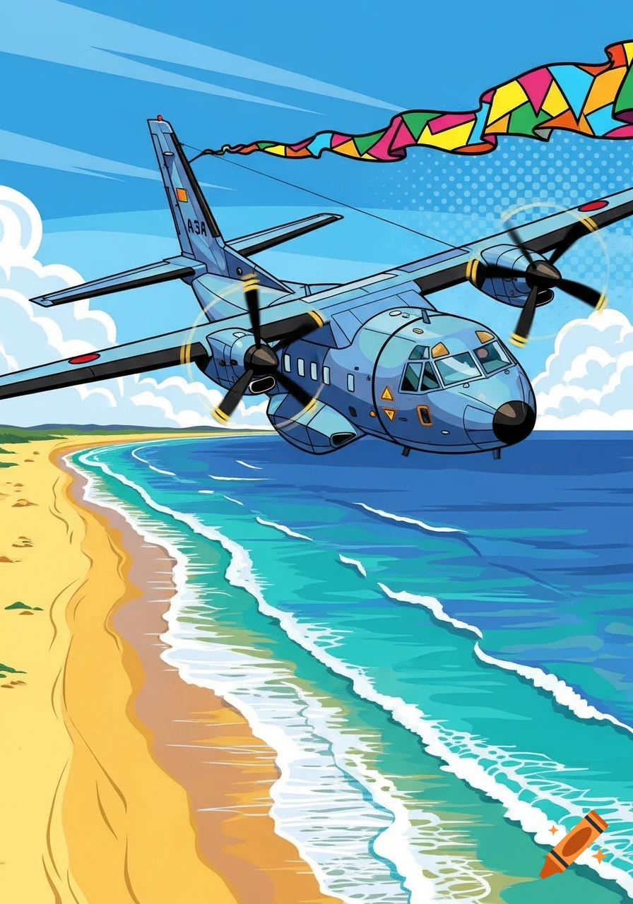 Blue pop-art style airplane flying low over a sandy beach and turquoise ocean, trailing a colorful banner.