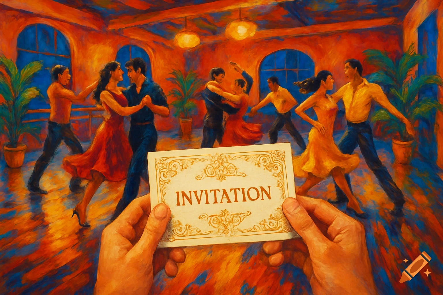 Painterly image of hands holding an 'INVITATION' card, with couples dancing in a vibrant, warm-toned room in the background.
