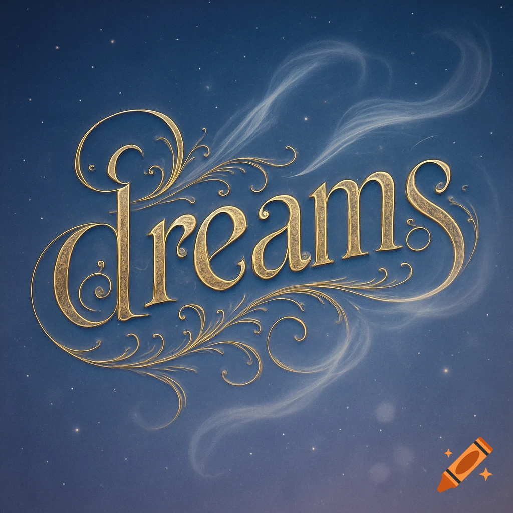 The word "dreams" in ornate golden filigree script against a dark blue, starry background with wispy white clouds.