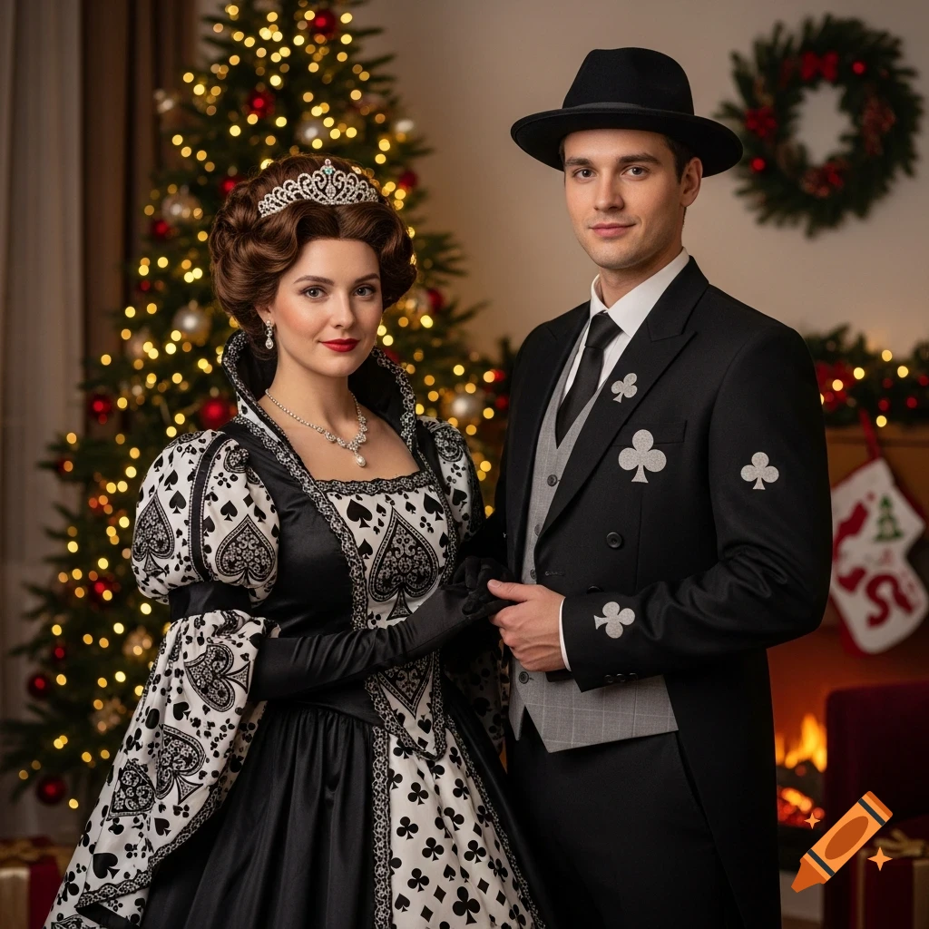A woman in a spade-patterned dress and a man in a club-emblazoned suit hold hands in front of a twinkling Christmas tree.