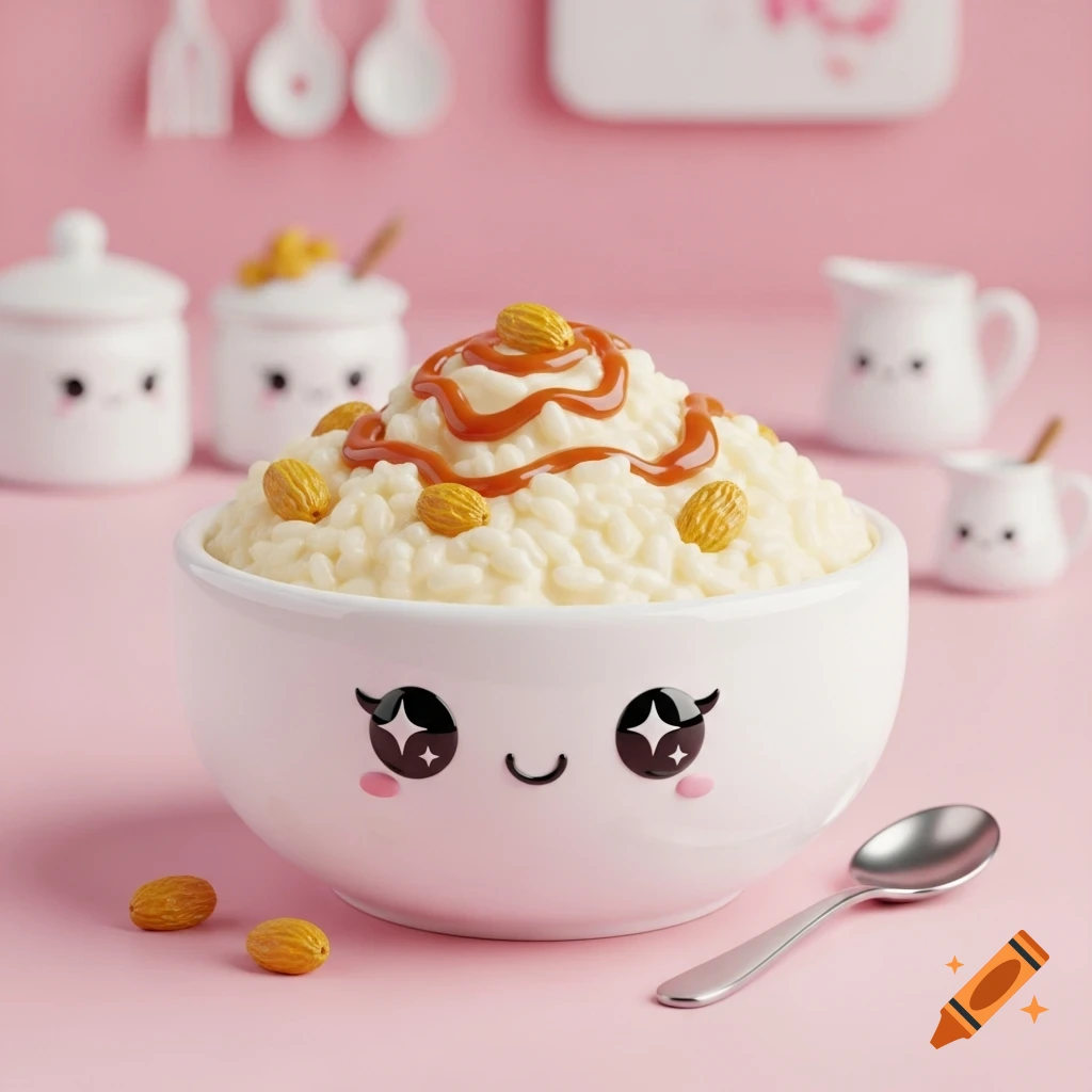 A kawaii-style bowl of rice pudding topped with caramel sauce and golden raisins, with small kitchenware items featuring cute faces on a pink background, 3d render.