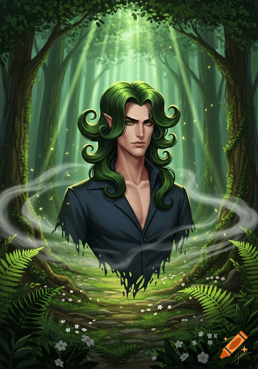 Digital art portrait of an elf-like man with curly green hair, pointy ears, dark shirt, emerging from a mystical sunlit forest.