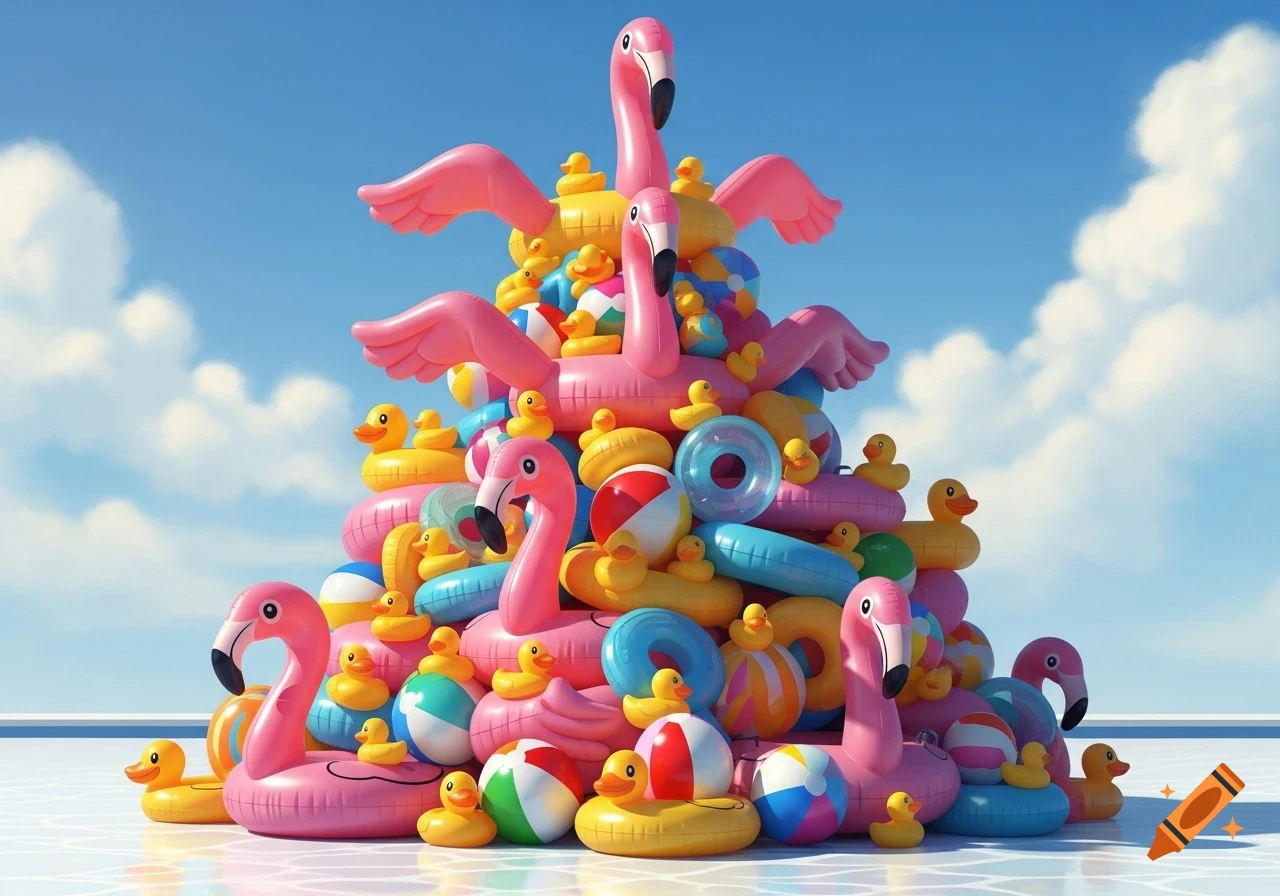 A towering pile of colorful inflatable pool toys, including pink flamingos, yellow rubber ducks, and striped beach balls, on a white pool surface under a blue sky.