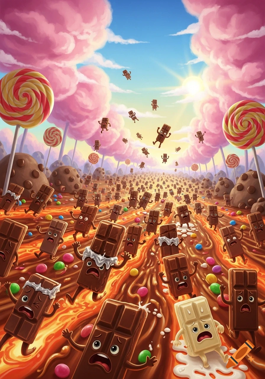 A whimsical cartoon depicts panicked chocolate bars running in a river of melted chocolate in a candy land with pink cotton candy clouds and lollipops.