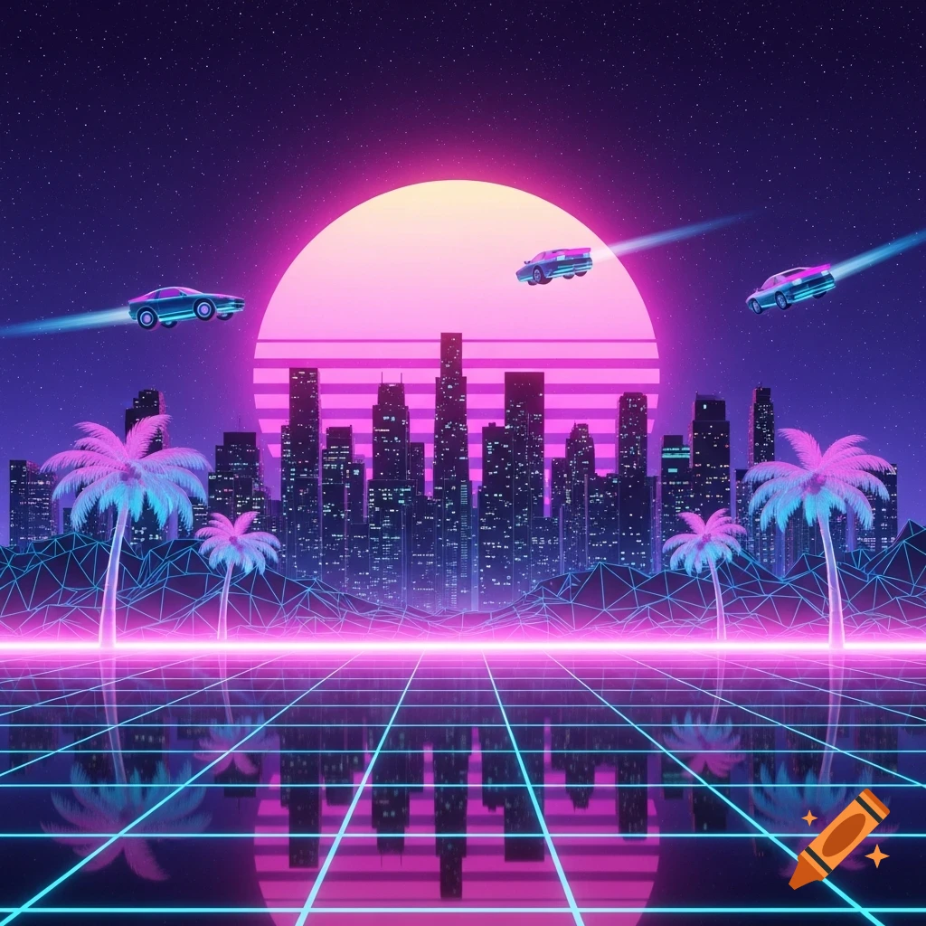 Retrowave cityscape with flying cars, neon grid, palm trees, and a large pink sun against a starry night sky.