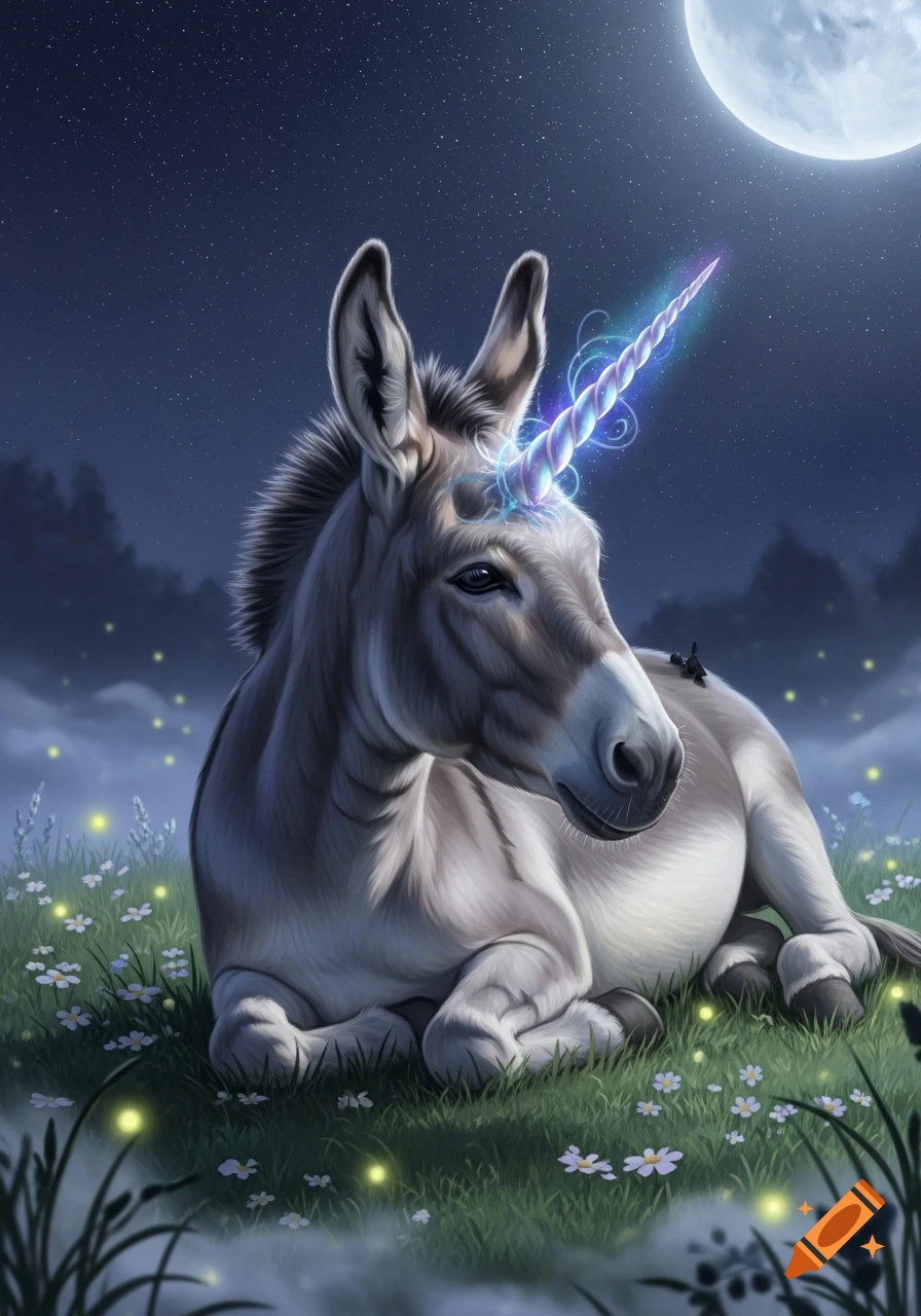 A magical donkey with a glowing, spiraled unicorn horn lies in a grassy field under a starry night sky with a full moon.