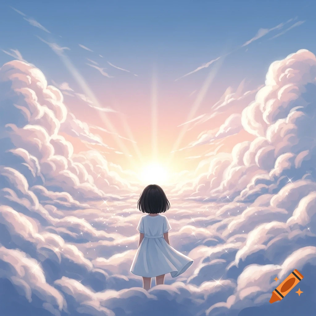 Anime girl with short black hair, viewed from behind, standing on a dreamy cloudscape with a bright sun ahead.