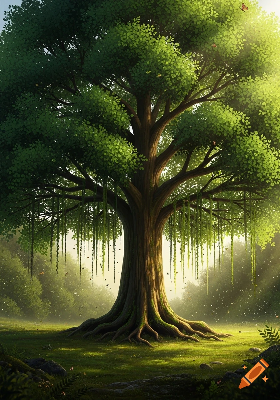 Majestic, ancient tree with a thick trunk, exposed roots, and lush green foliage in a sunlit forest clearing.