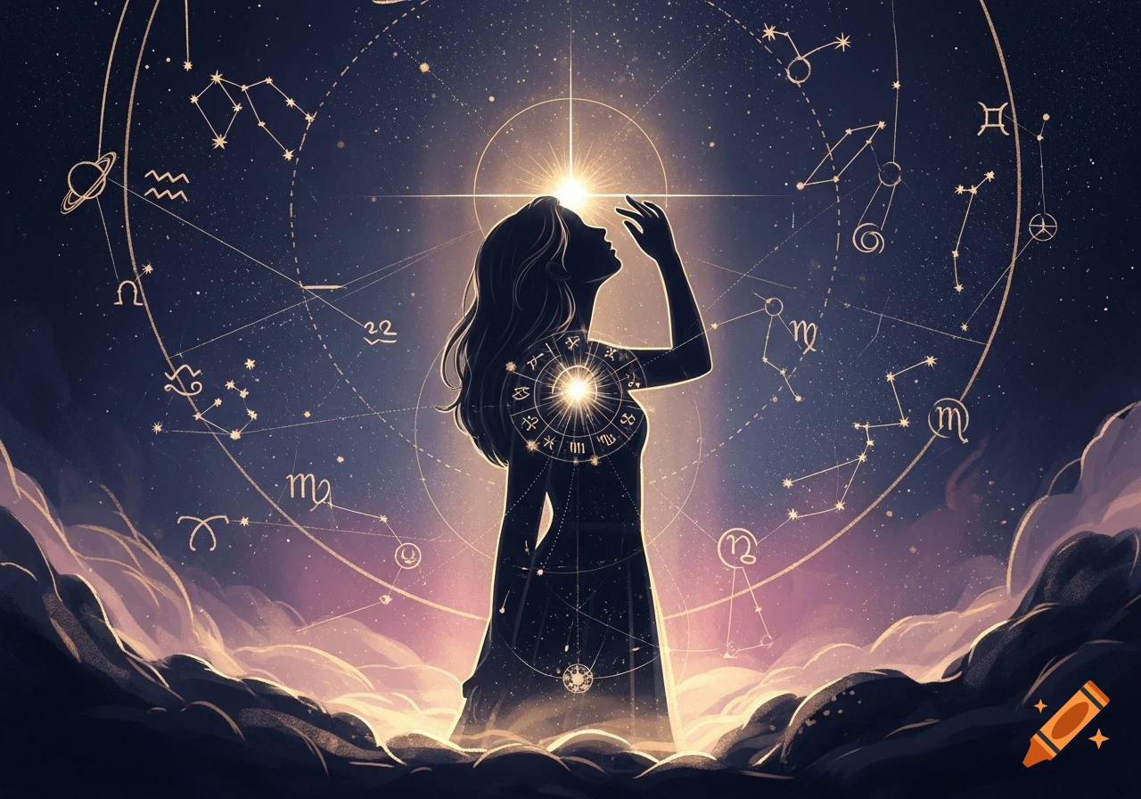 A silhouetted woman gazes upward amid a dark blue and purple starry sky, surrounded by glowing lines forming constellations and various astrological symbols. Light emanates from her head and chest.