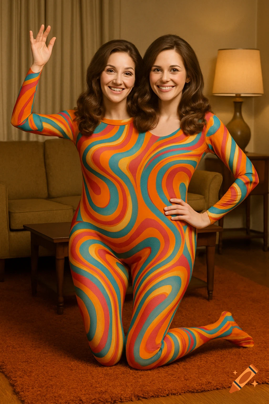 Two women in a vibrant, swirling orange, blue, and red bodysuit create a two-headed illusion, posing in a retro living room.