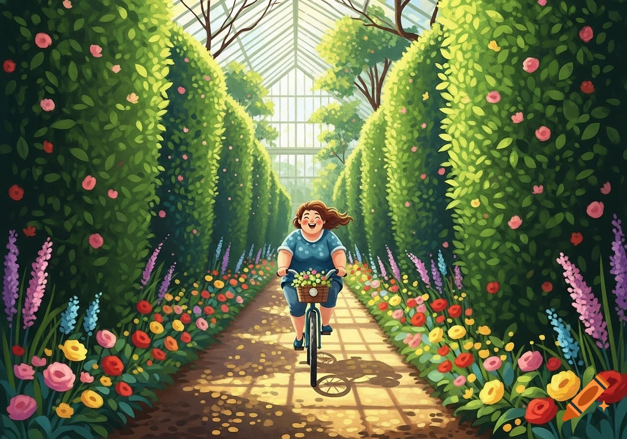 A joyful, chubby woman on a bicycle rides down a sunlit path lined with hedges and colorful flowers in an illustrated greenhouse.