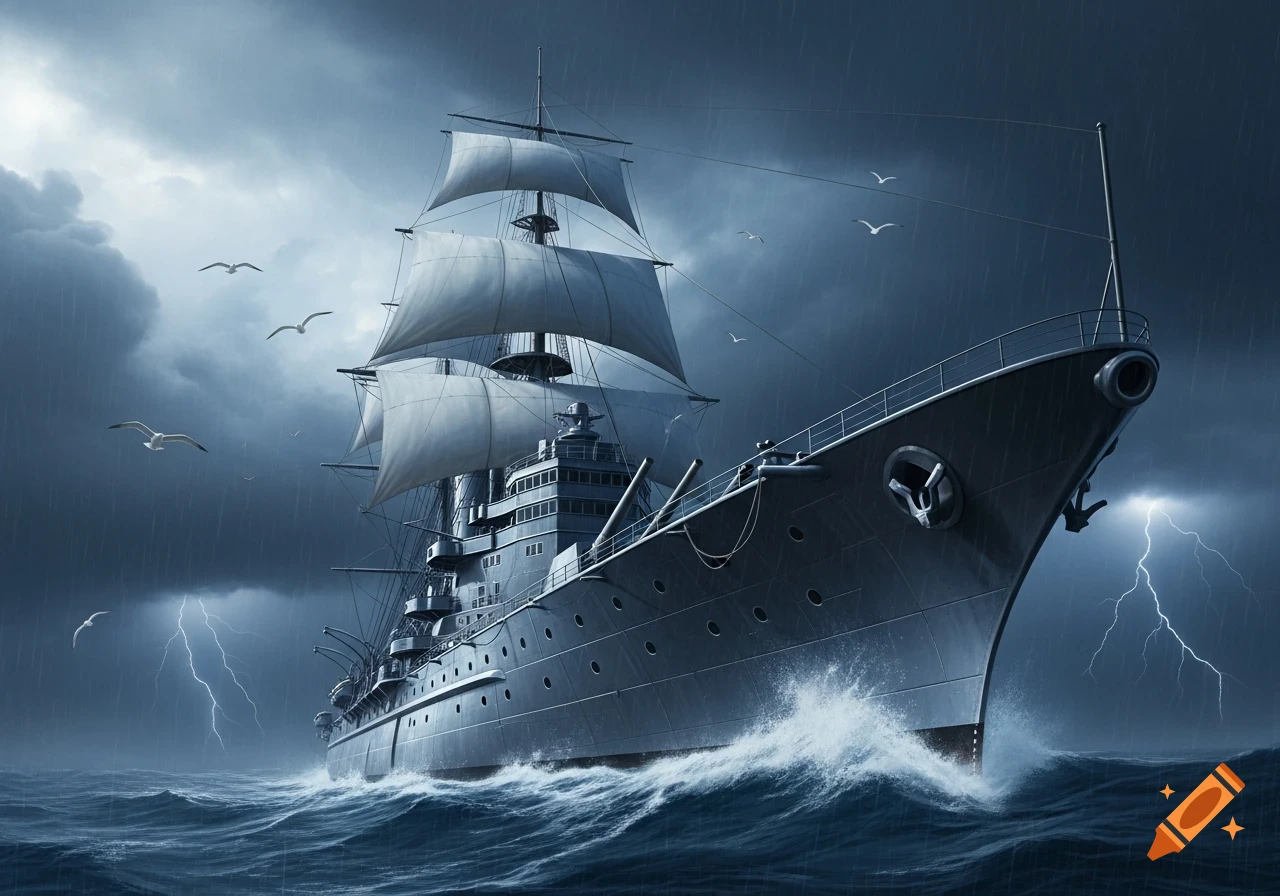 A large warship with sails navigates a stormy, dark sea under a cloudy sky with lightning strikes and seagulls.