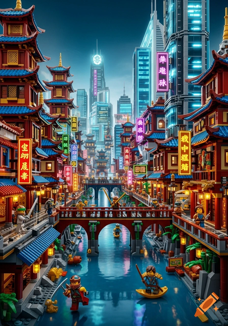 A vibrant LEGO Ninjago-style cityscape featuring traditional East Asian architecture with neon signs alongside modern skyscrapers, canals, and minifigures in boats.