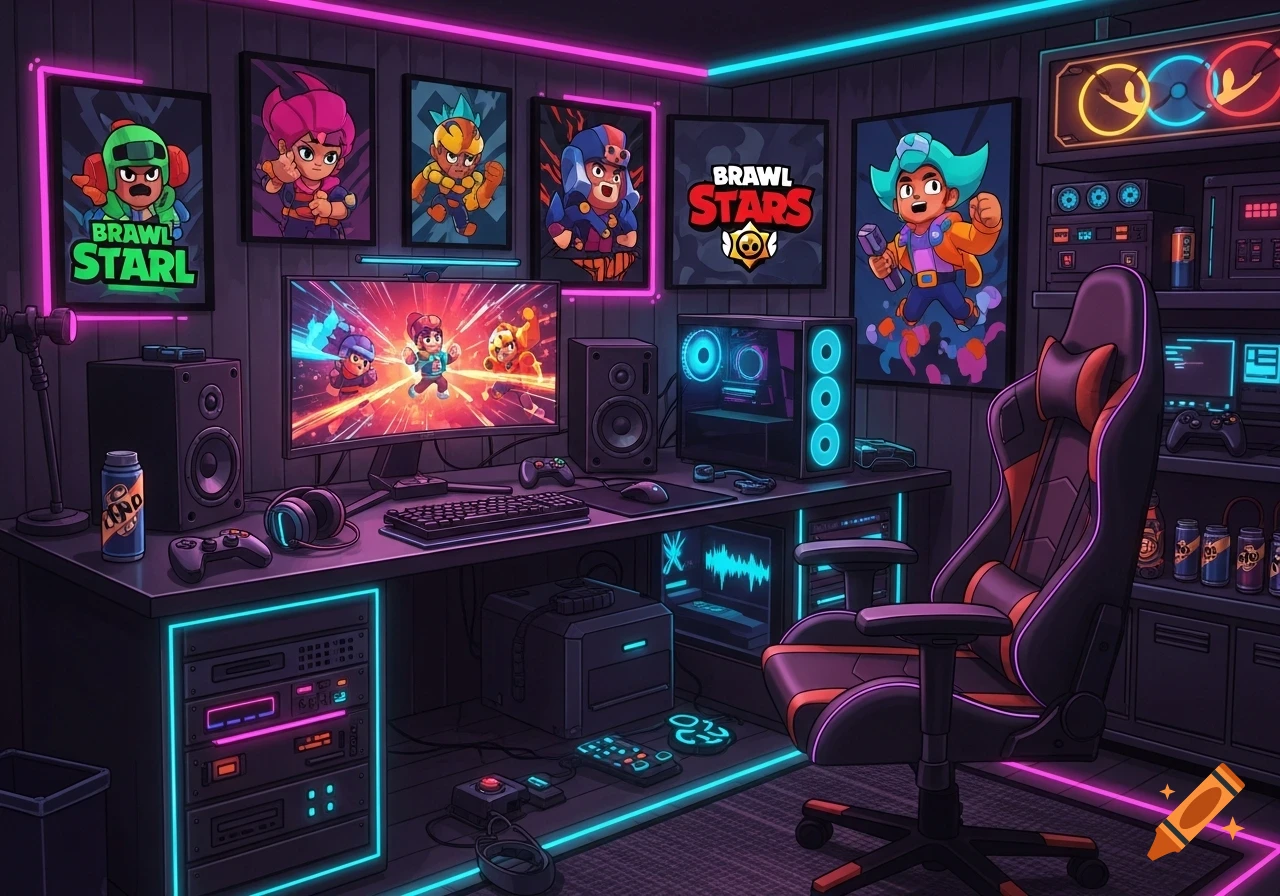 A neon-lit gaming studio with a monitor displaying cartoon characters, a gaming chair, PC, and framed 'Brawl Stars' posters.