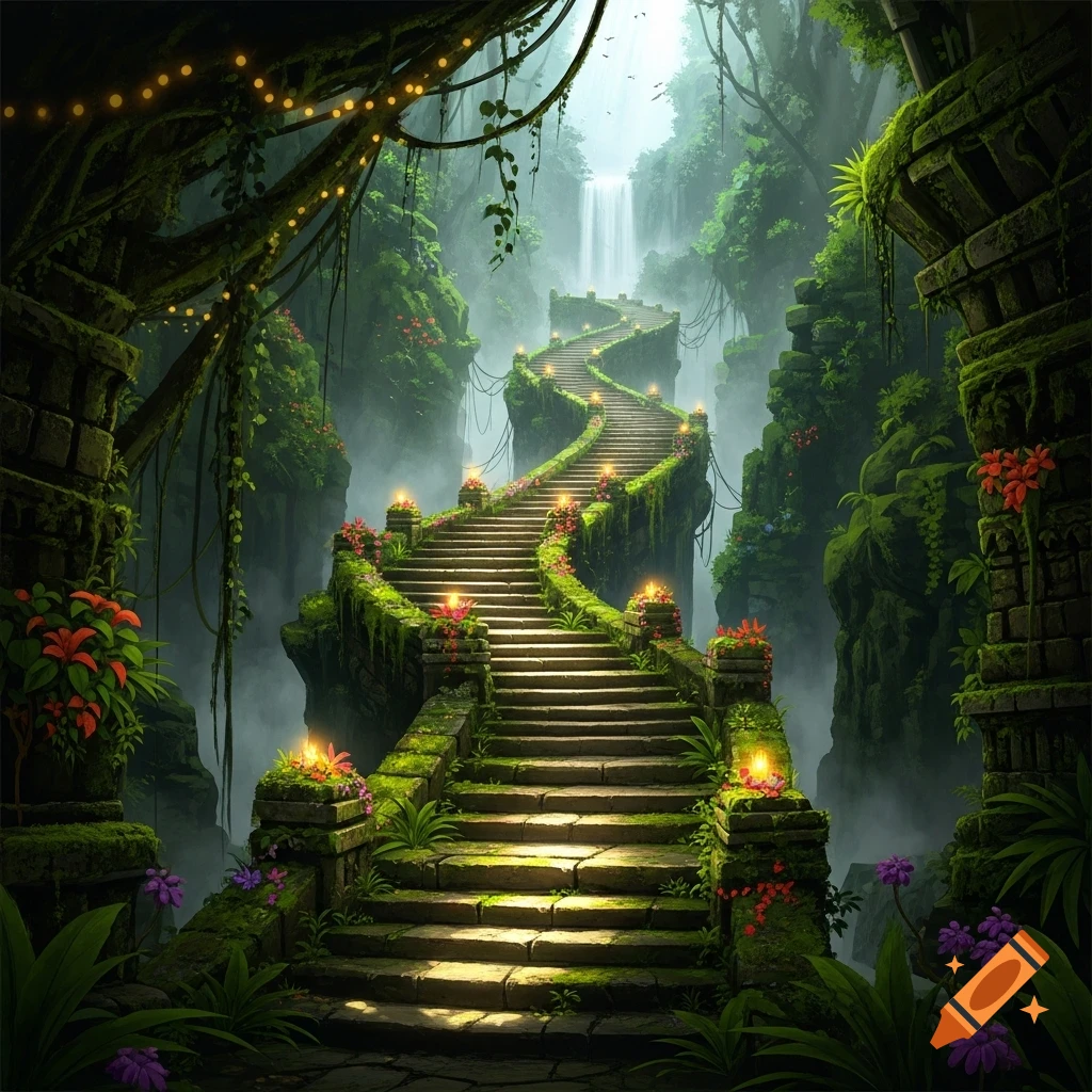 A winding moss-covered stone staircase with glowing lanterns ascends through a lush fantasy jungle ruin, with a waterfall in the background.