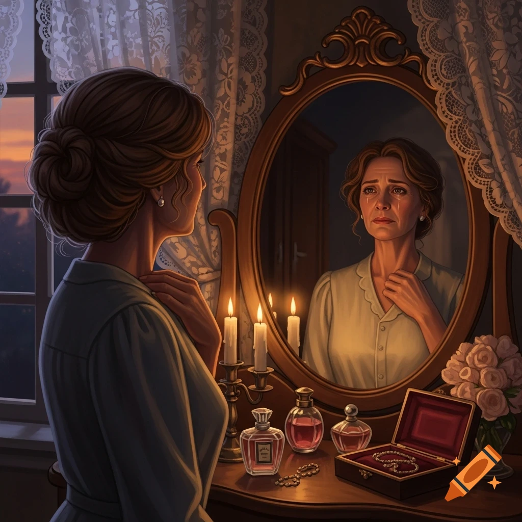 A woman with her hair in a bun looks into a mirror, her reflection shows a sad, crying face. Candles, perfume bottles, and jewelry are on the dresser.