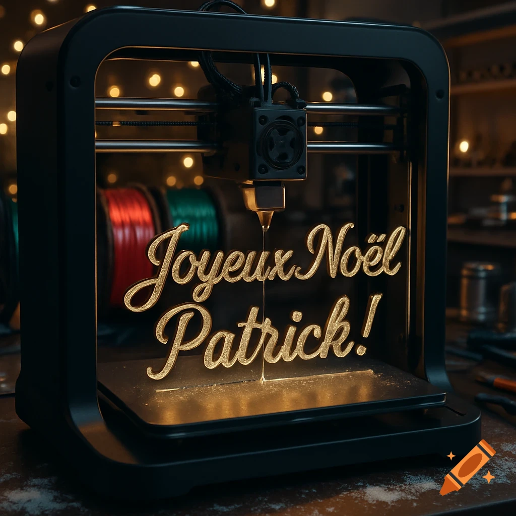 A 3D printer with gold filament prints 'Joyeux Noël Patrick!' on a build plate in a dimly lit workshop.