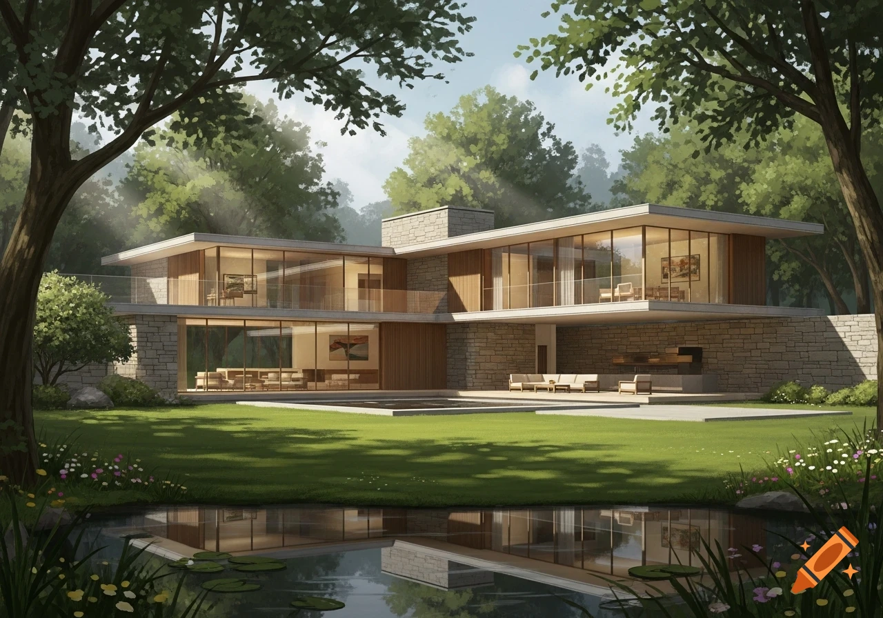 A modern house with large windows and stone, surrounded by trees and a lawn, with a reflective pond in the foreground.