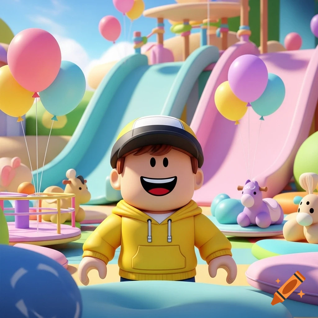 A happy Roblox-style character in a yellow hoodie and cap in a colorful playground with pastel slides and balloons.