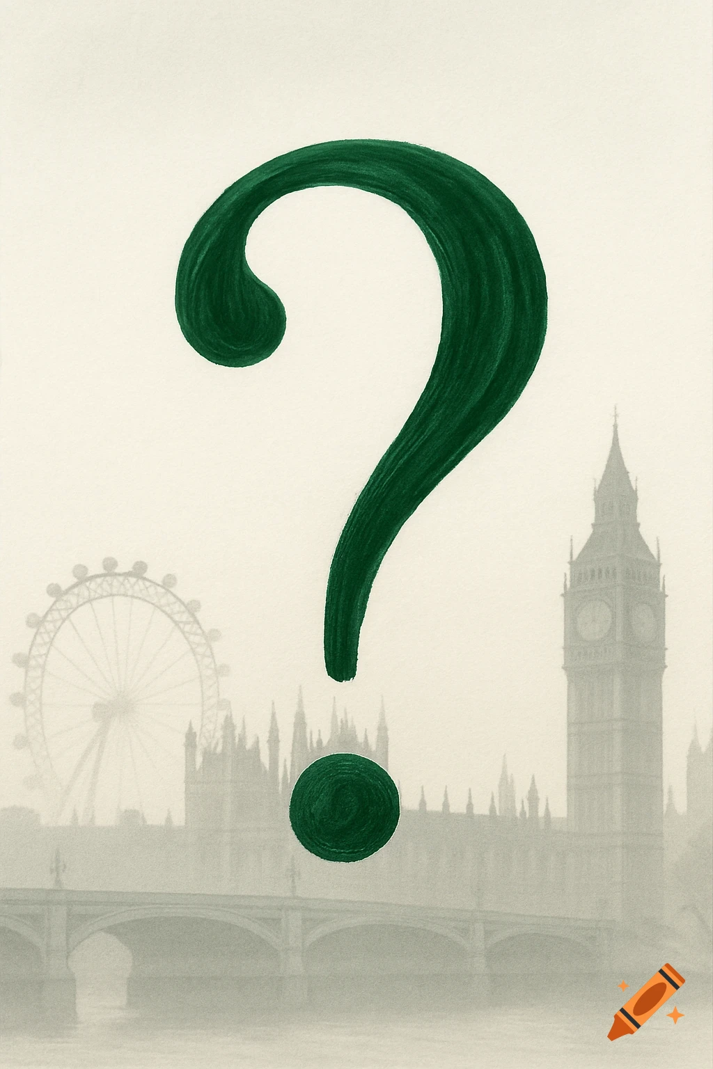 A large green question mark floats above a misty silhouette of London landmarks including Big Ben and the London Eye.