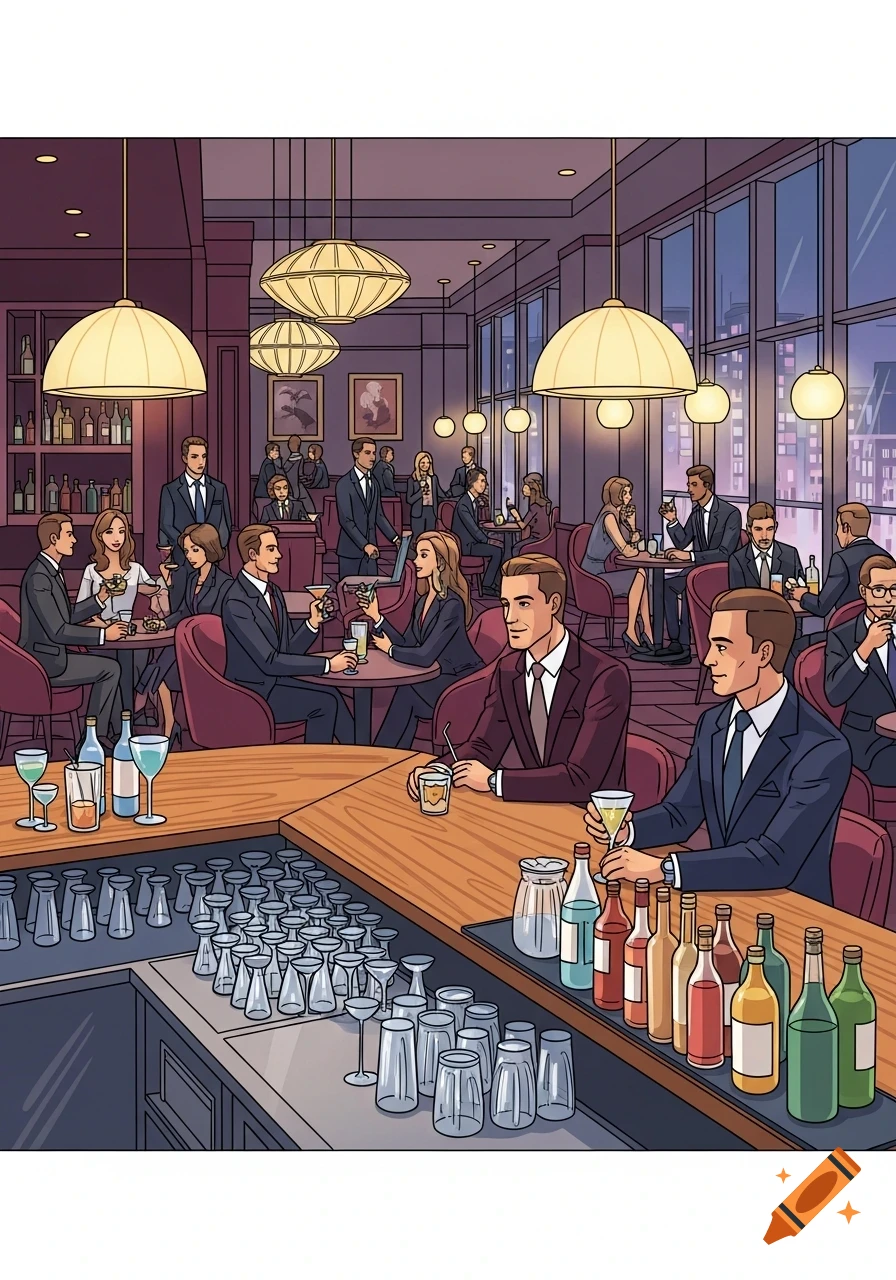 A cartoon sketch of a lively bar lounge with men and women in suits drinking at tables and a bar, with a cityscape view at night.