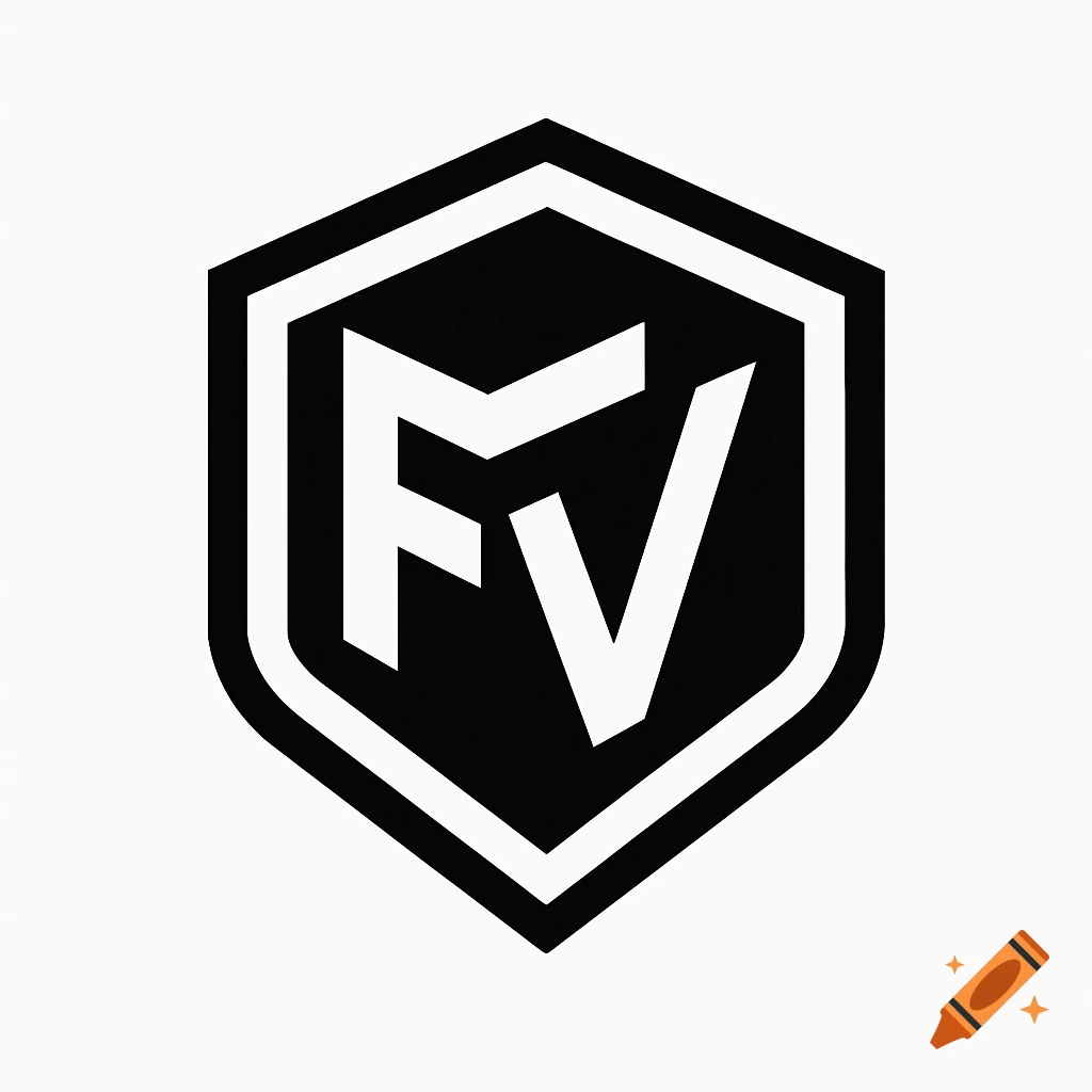 A minimalist black and white logo featuring merged letters 'F' and 'V' within a shield shape.