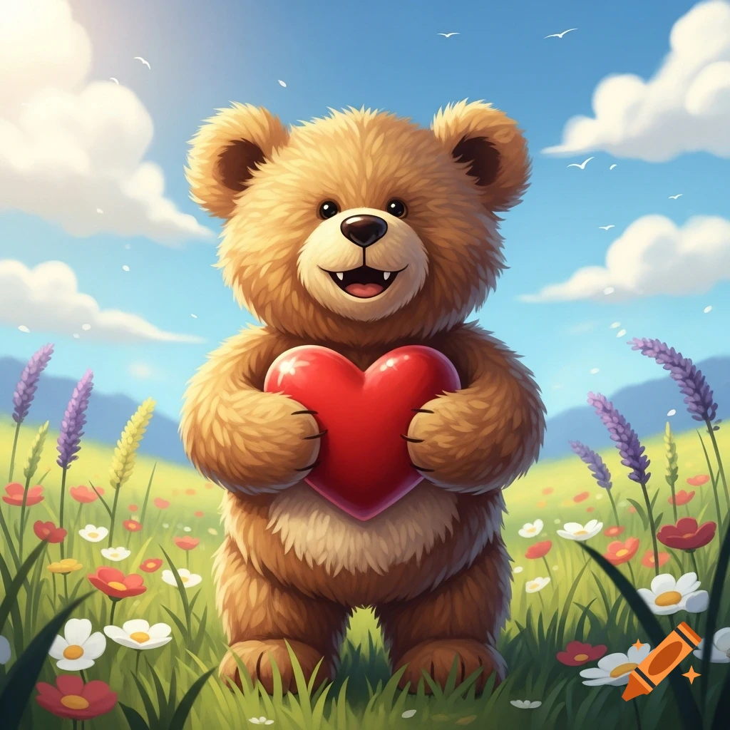 A cute fluffy brown teddy bear holding a red heart in a vibrant flower-filled meadow under a blue sky.