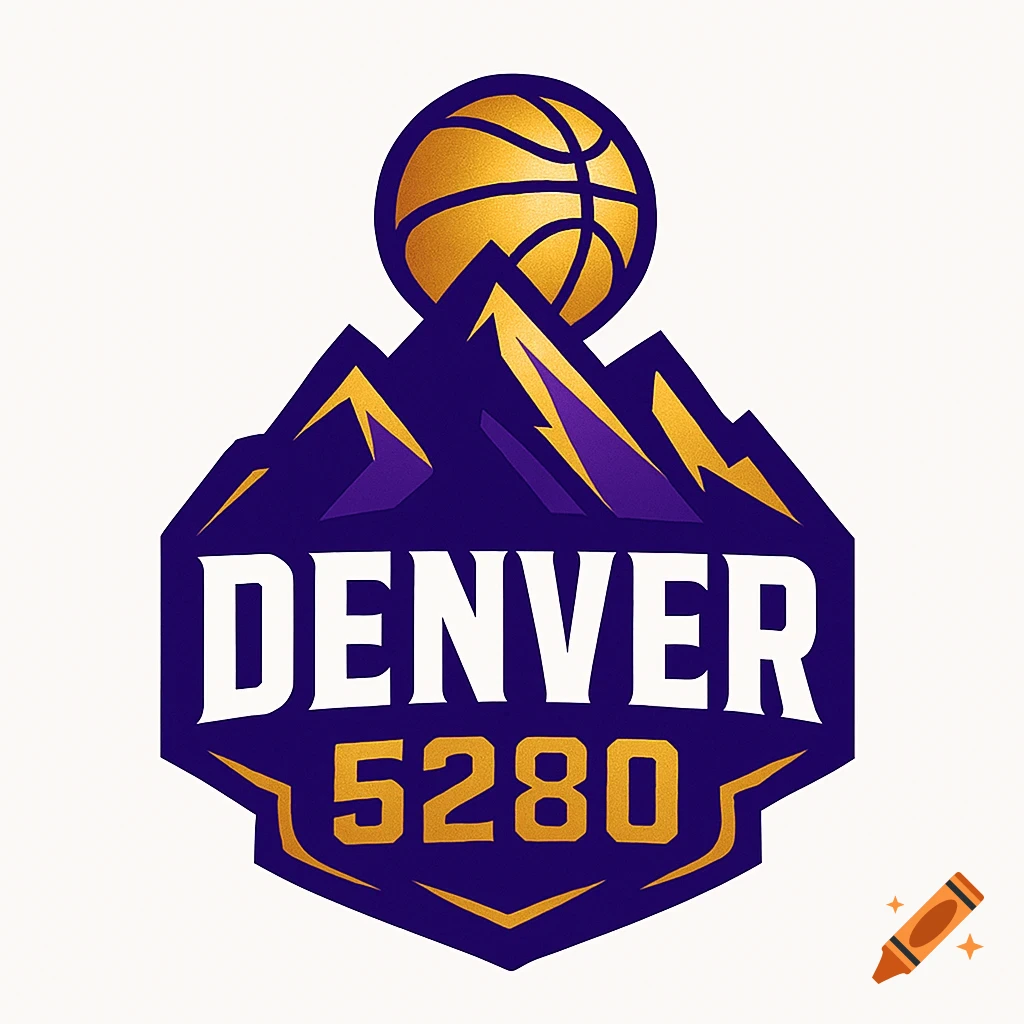 A purple and gold basketball logo featuring mountains, a basketball, and the text 'DENVER 5280'.