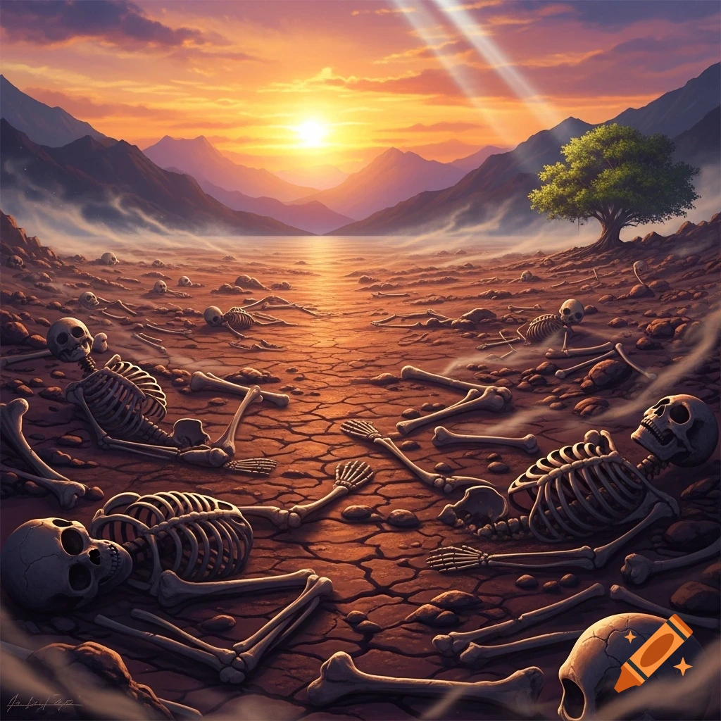 Stylized illustration of a desolate valley strewn with skeletons under a vibrant sunset, with distant mountains and a lone tree.