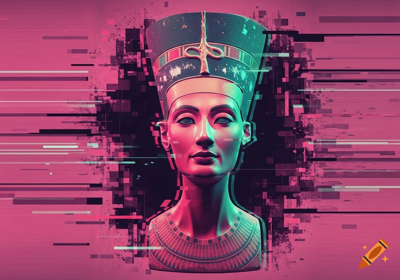 Digital art portrait of Nefertiti bust with neon pink and teal lighting, featuring glitch art effects on a dark, pixelated background.