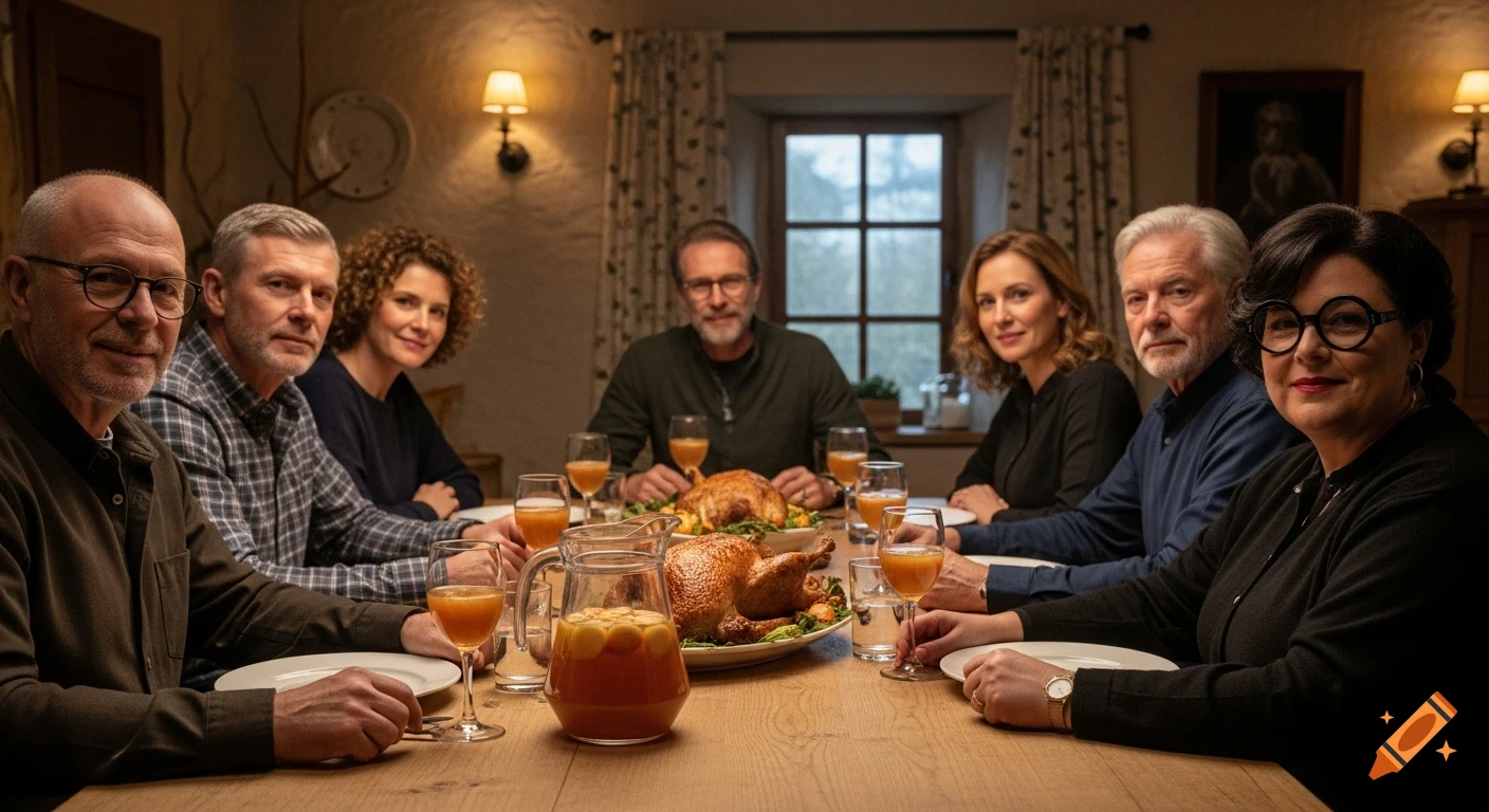 Seven adults, four men and three women, sit around a table with a roasted bird and apple cider, in a photorealistic style.