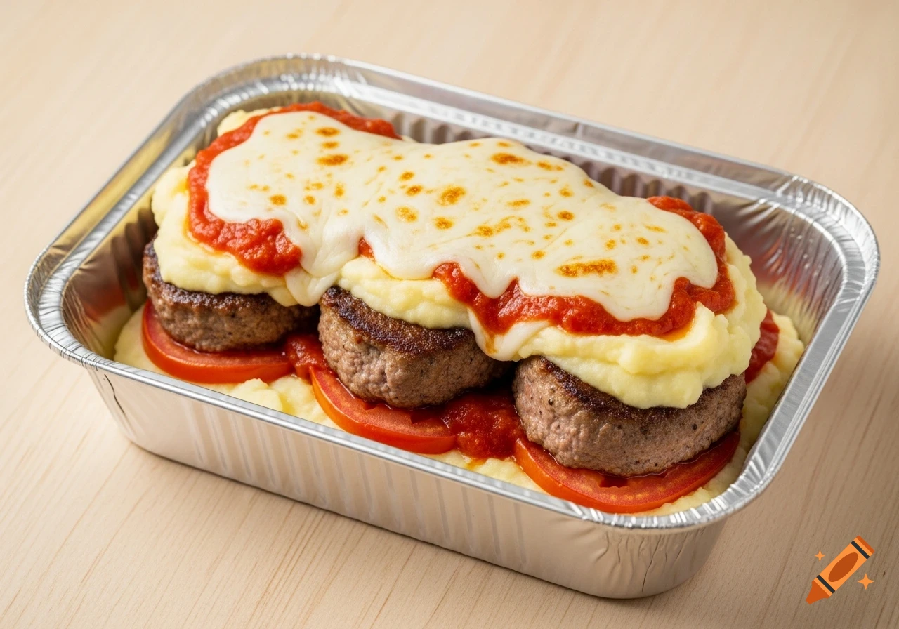 Photorealistic image of a layered filé mignon parmegiana meal in a foil container with mashed potatoes, tomato sauce, meat patties, and melted cheese.