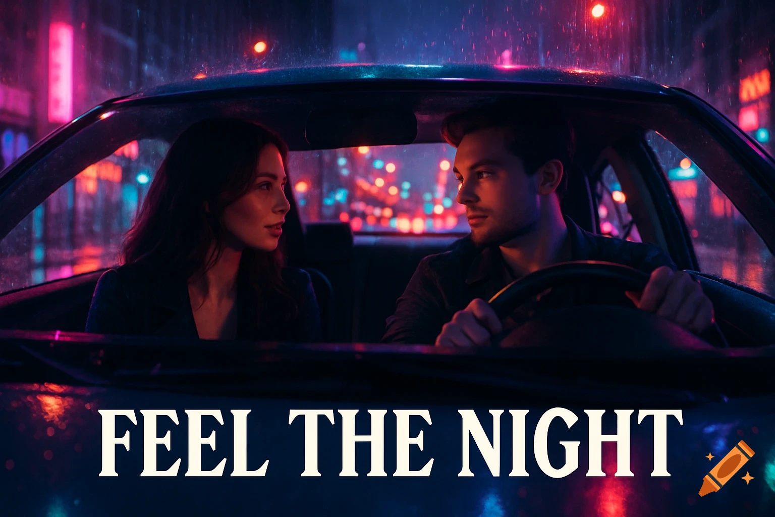 A man and woman in a car look at each other, surrounded by blurred neon city lights on a rainy night, with text 'FEEL THE NIGHT'.