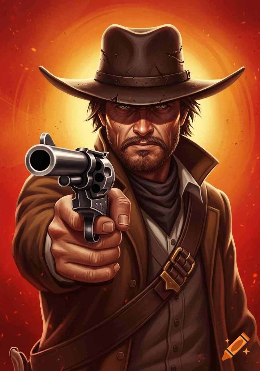 An illustrated cowboy in a hat and duster points a revolver directly at the viewer, against a fiery red background.