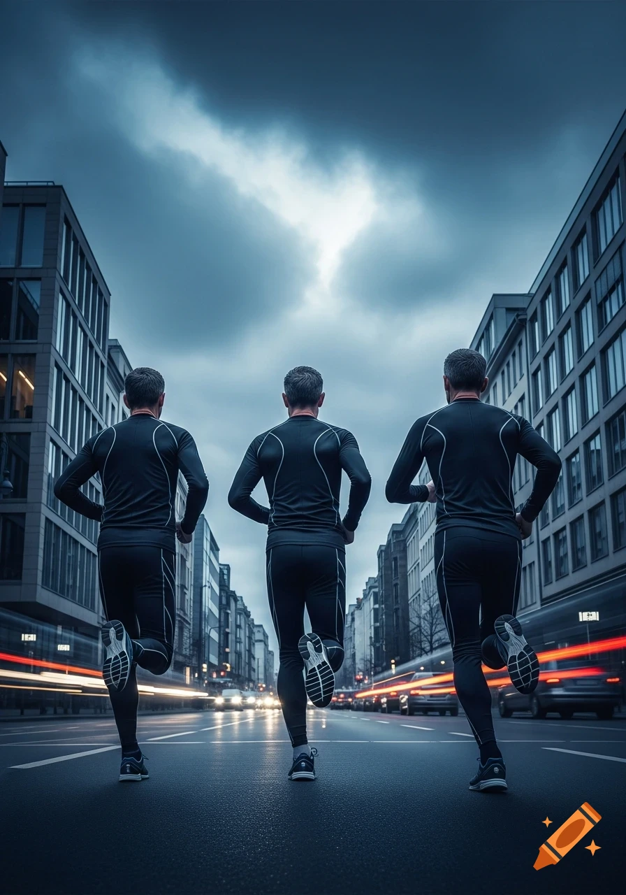 Three men in black activewear running away from the viewer down a dark city street at dusk, with blurred vehicle lights and tall buildings.