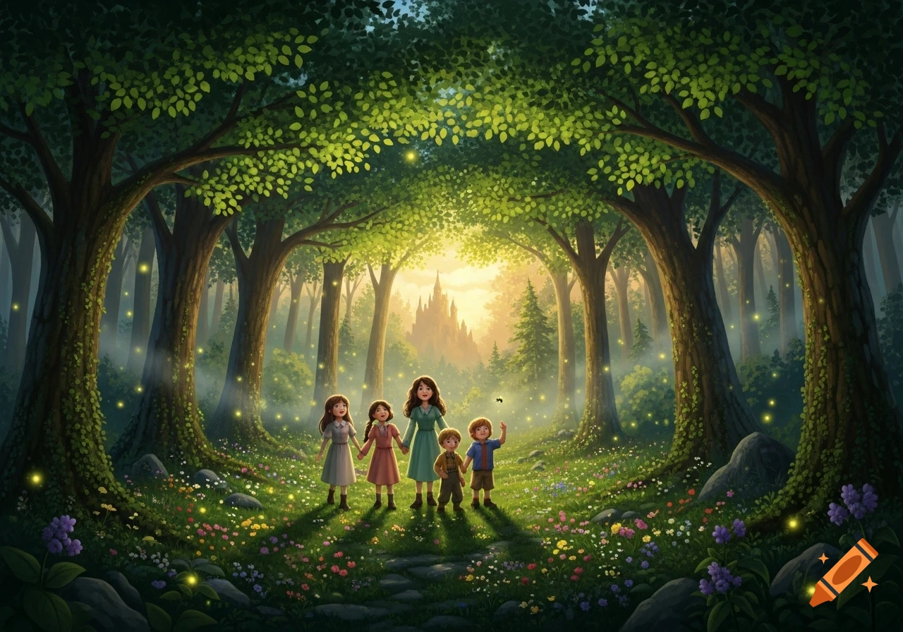 Stylized illustration of a woman and four children in an enchanted forest filled with glowing fireflies and colorful flowers, with a castle in the background.