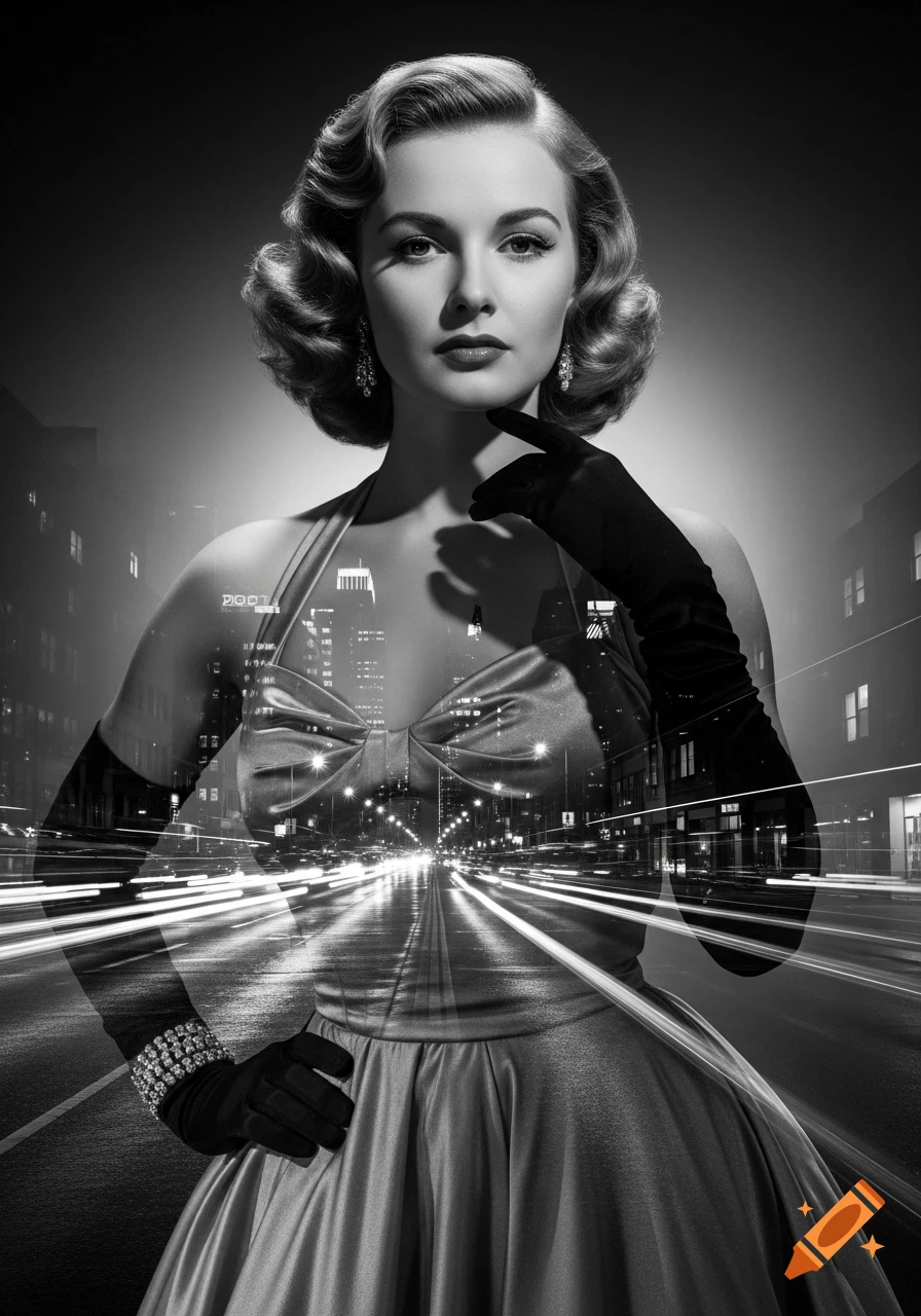 Black and white cinematic portrait of a glamorous 1950s woman in an evening dress and long gloves, double-exposed with a blurred night city street.