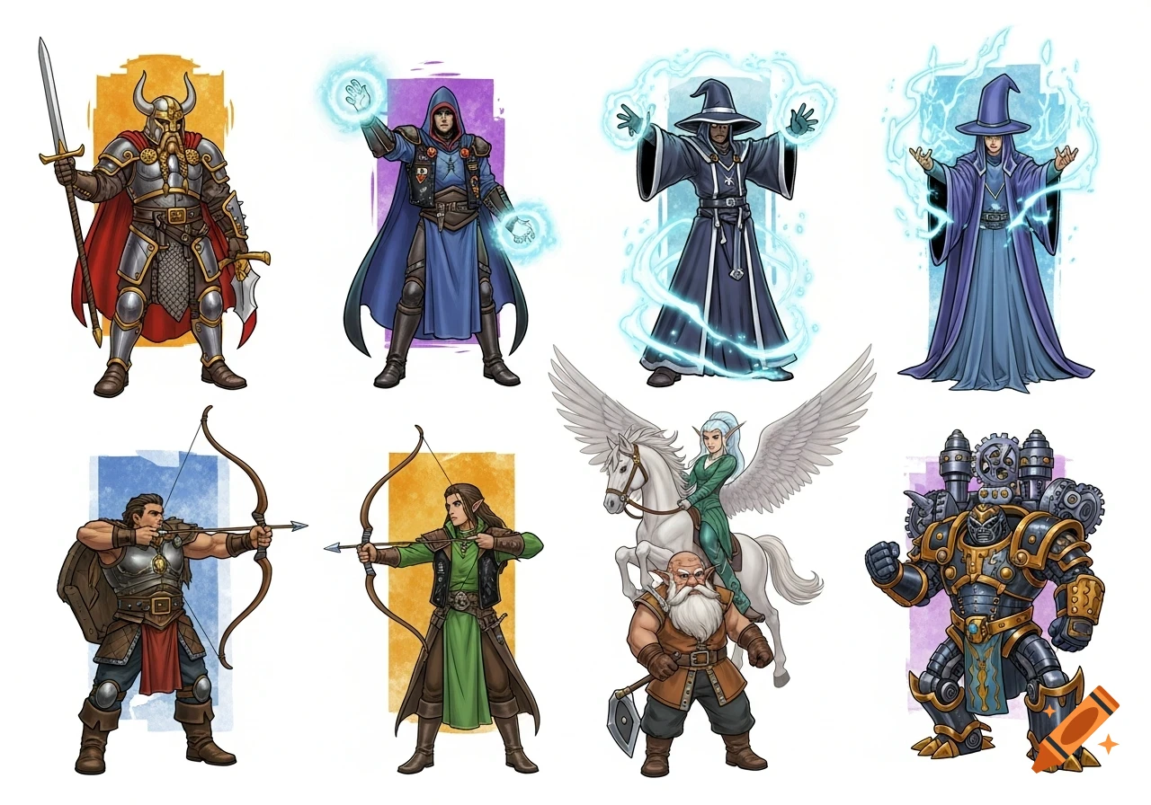 A collection of eight fantasy characters for a card game, including a Viking warrior, mages, archers, a dwarf, an elf on a pegasus, and a mechanical golem.