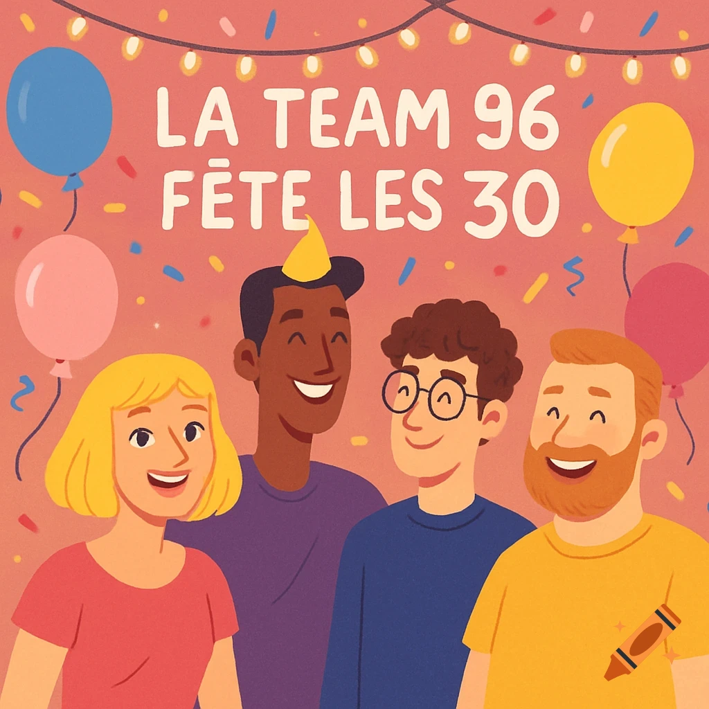 Cartoon illustration of four diverse friends smiling at a birthday party with balloons, confetti, and "LA TEAM 96 F\u00caTE LES 30".