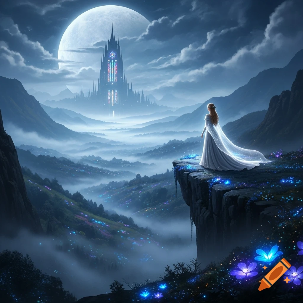 A princess in a glowing gown on a cliff overlooks a misty, bioluminescent valley with a distant castle under a full moon, fantasy style.
