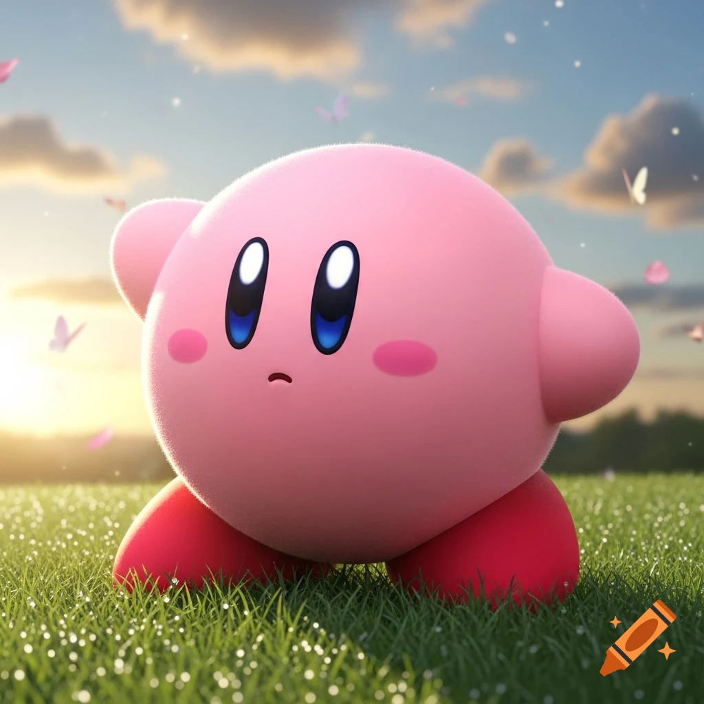 A photorealistic Kirby stands in a sunny green field with butterflies, looking worried.