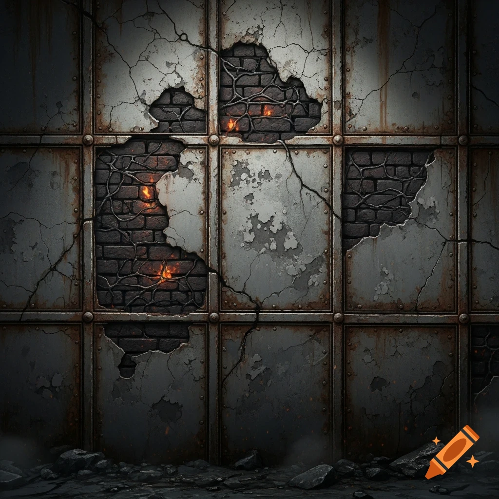 Distressed dark gray metal wall with cracked panels revealing brickwork and glowing embers, debris on the ground.