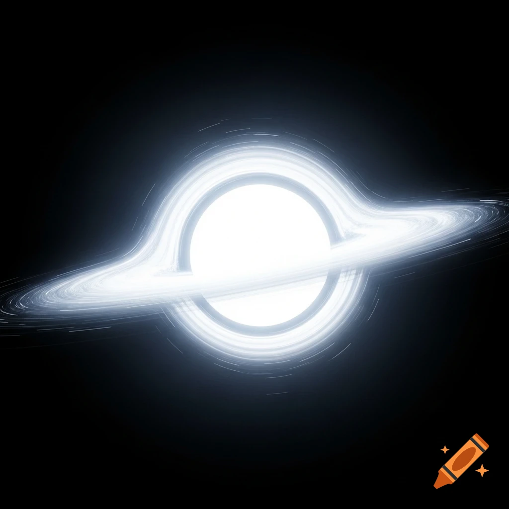 A blinding white celestial body, resembling a white hole, with a glowing accretion disk against a pure black background.