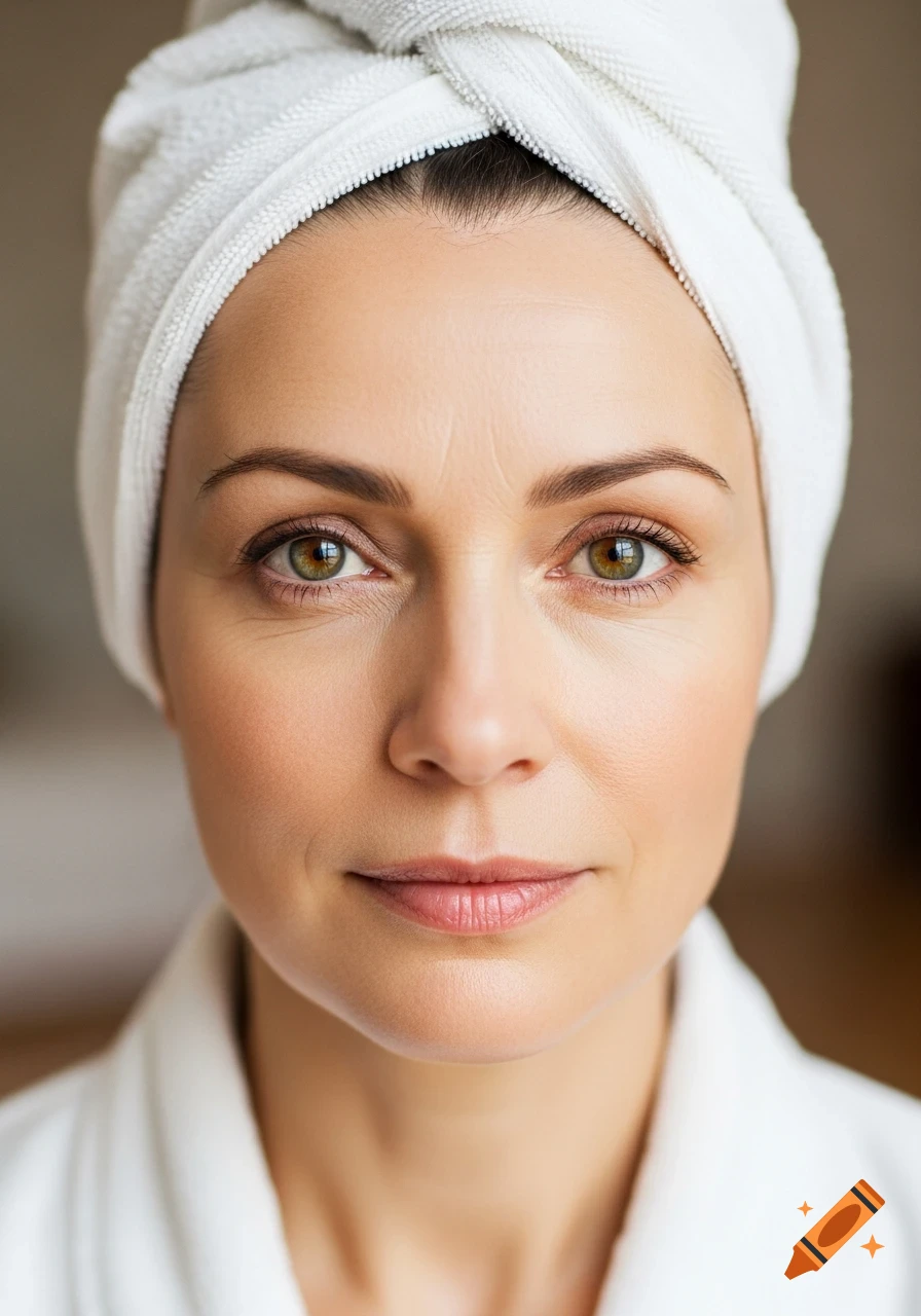 Close-up of a woman in her 50s with a white towel wrapped around her head, wearing a white robe, looking directly at the viewer.