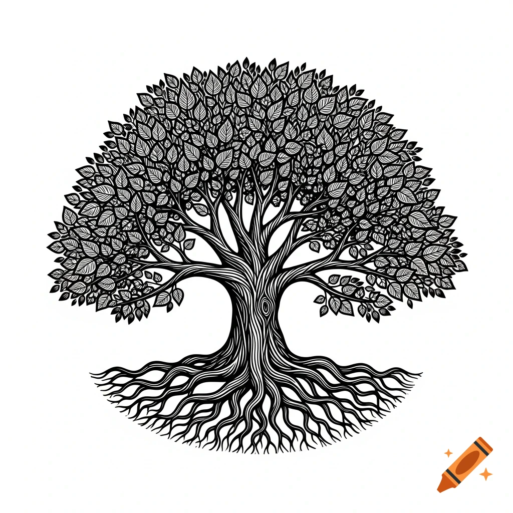 A stylized black and white linocut illustration of a large tree with intricate roots and abundant leaves, on a white background.
