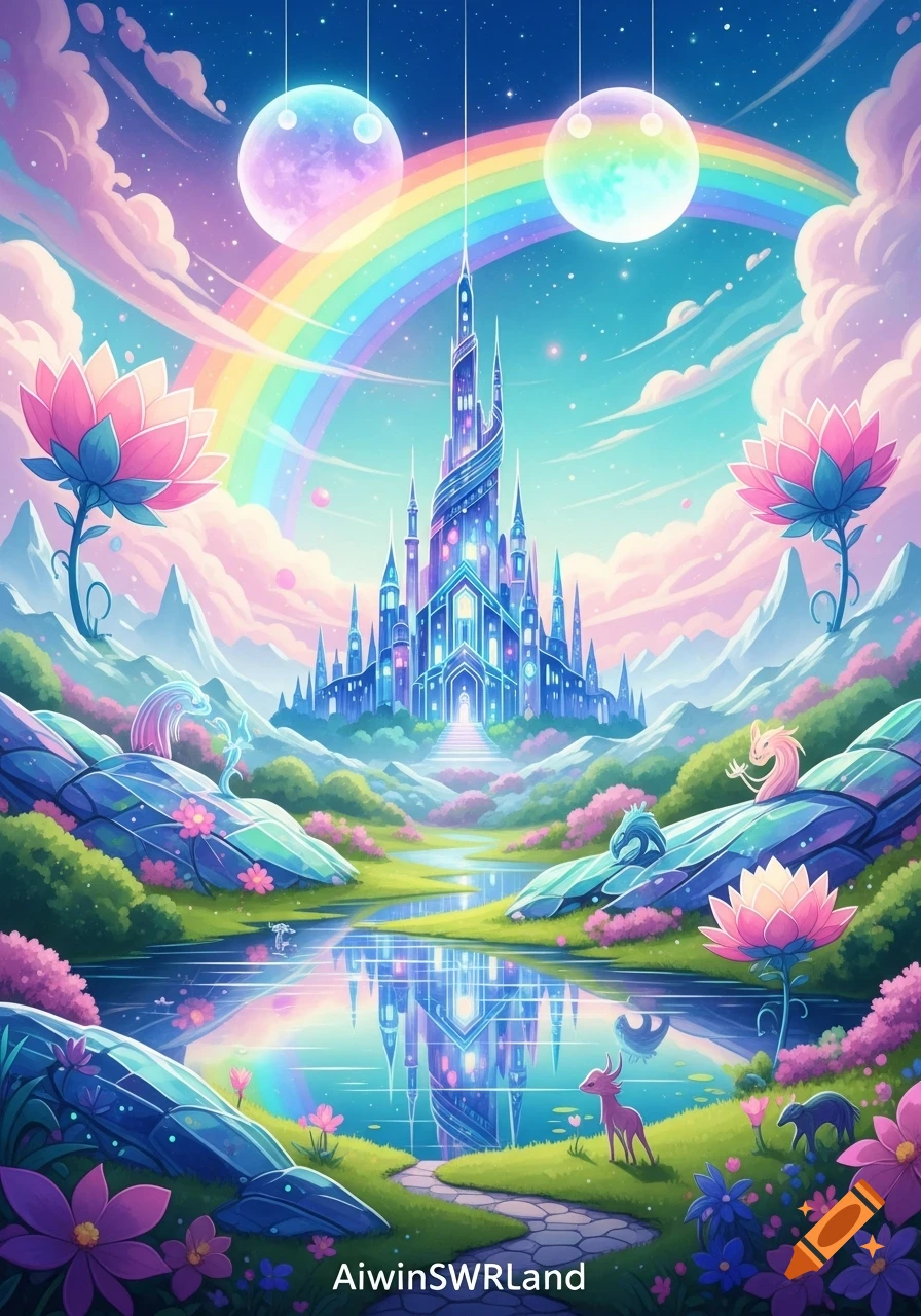 Vibrant fantasy landscape with a shimmering crystal castle, a rainbow, lotus flowers, and glowing moons reflecting in a river.