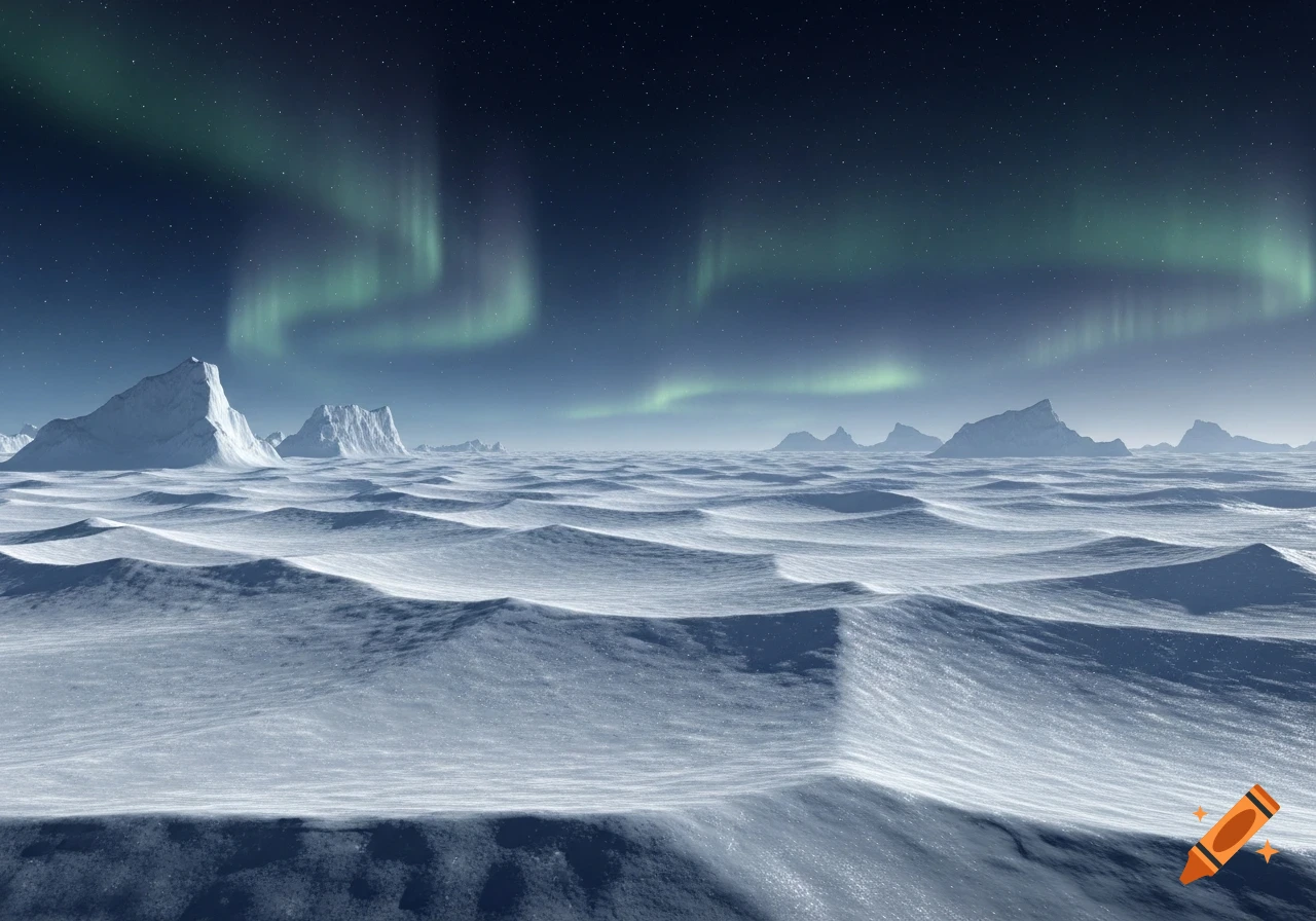 A vast snowy tundra under a dark, starry night sky with vibrant green aurora borealis illuminating the horizon and distant icebergs.