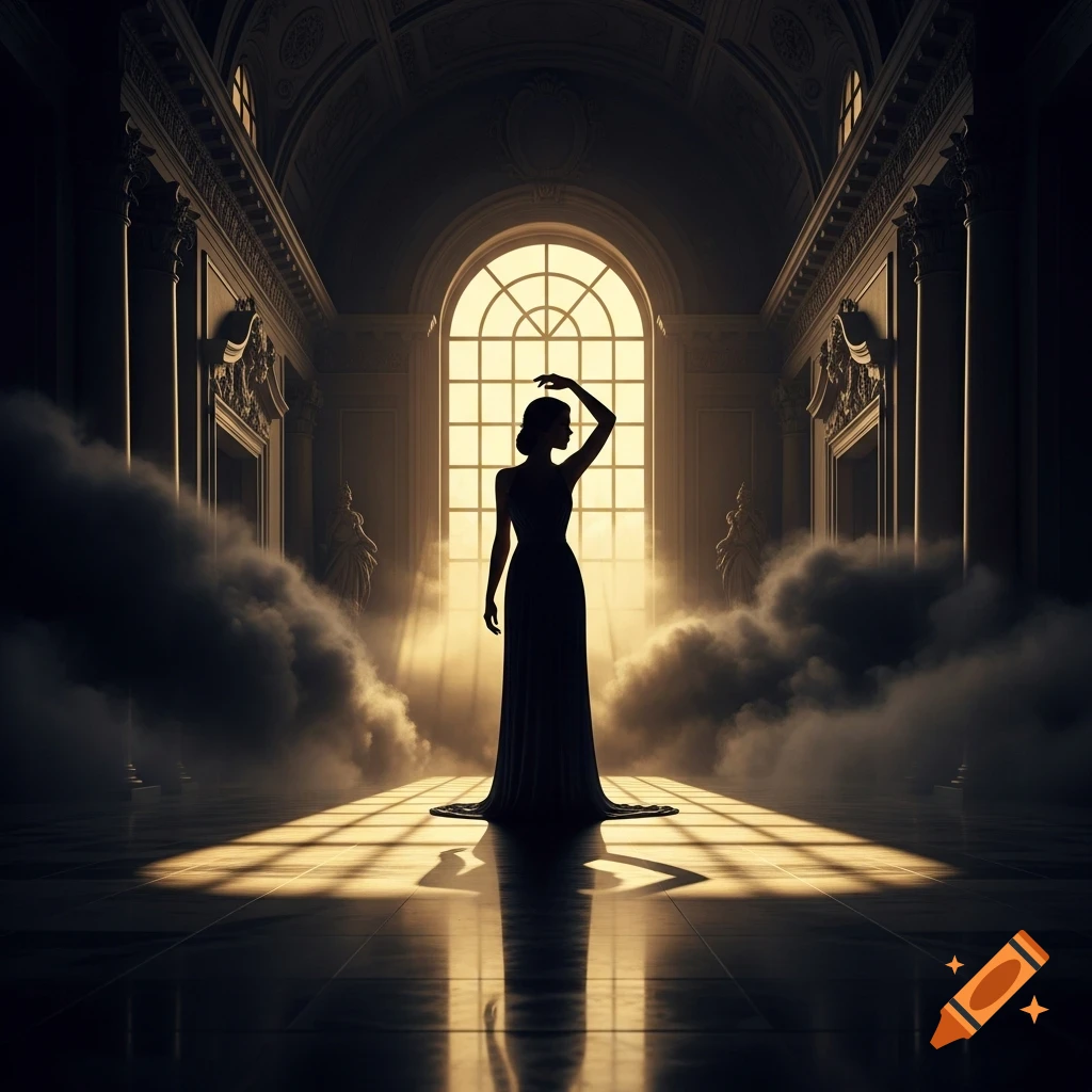 Elegant woman silhouette in a grand, smoky hall with a large arched window casting dramatic light rays on the floor.