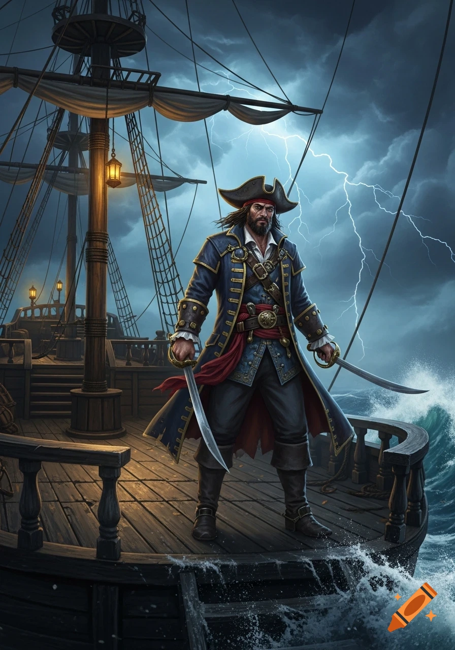 A determined pirate captain stands on the deck of his ship during a stormy night, lightning striking behind him.